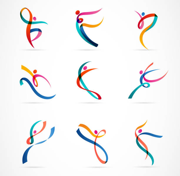 illustrazioni stock, clip art, cartoni animati e icone di tendenza di design astratto del logo delle persone. palestra, fitness, running trainer vettore logo colorato. icona e simbolo del fitness attivo, dello sport, del web di danza - ballerino