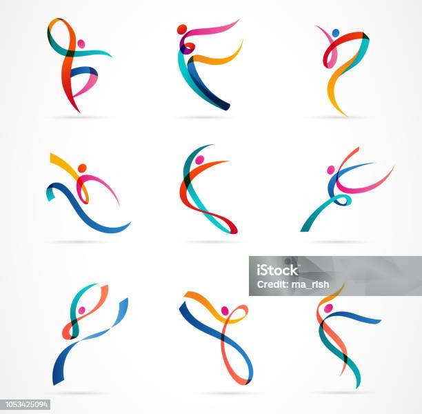 人々 のロゴデザインを抽象化しますジムフィットネスランニング トレーナー ベクトル カラフルなロゴアクティブなフィットネススポーツダンス Web アイコンとシンボル - ロゴマークのベクターアート素材や画像を多数ご用意