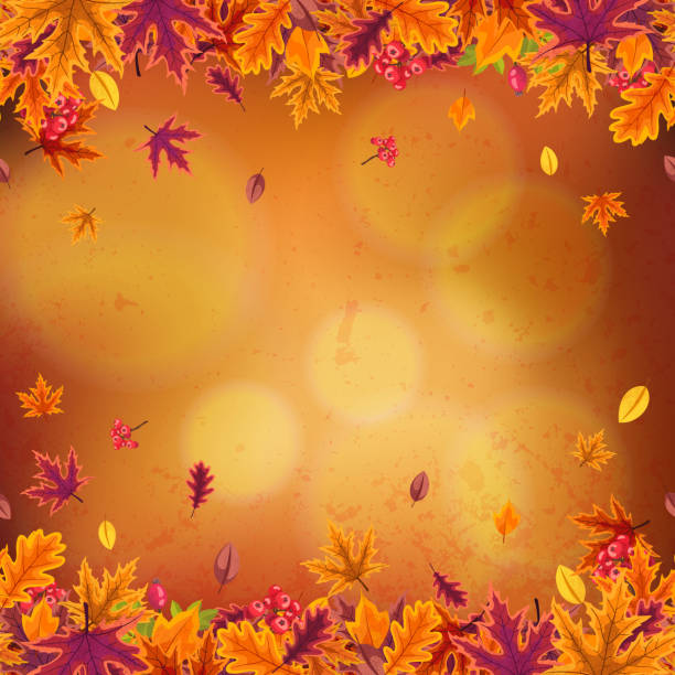 ilustrações de stock, clip art, desenhos animados e ícones de happy thanksgiving background with leaves of different autumn trees and berries. - thanksgiving autumn pumpkin backgrounds