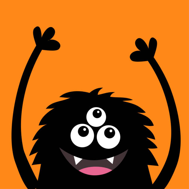 istock Smiling monster head silhouette. Thtee eyes, teeth, tongue, fluffy hair, hands up. Black Funny Cute cartoon character. Baby collection. Happy Halloween card. Flat design. Orange background. 1053430490