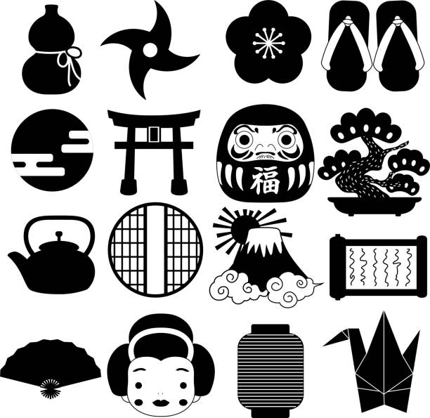 ilustrações, clipart, desenhos animados e ícones de conjunto de ícones de estilo japonês do ano novo de preto - tetsubin teapot