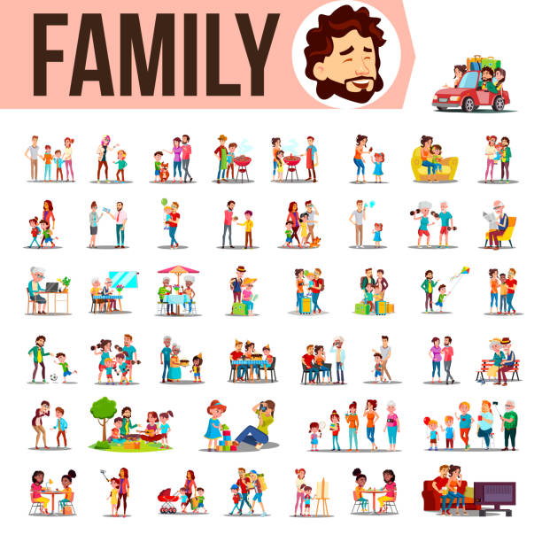 ilustrações de stock, clip art, desenhos animados e ícones de family set vector. lifestyle situations. spending time together at home, outdoor. isolated cartoon illustration - father and daughter