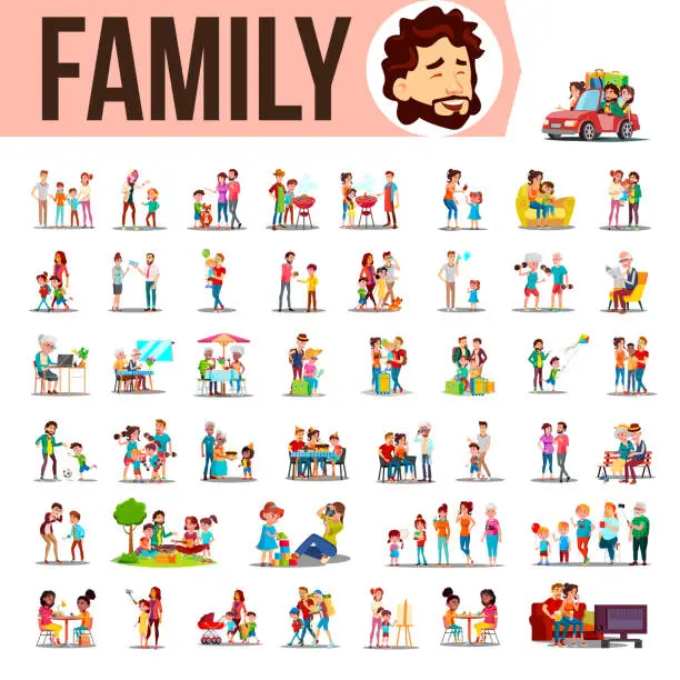 Vector illustration of Family Set Vector. Lifestyle Situations. Spending Time Together At Home, Outdoor. Isolated Cartoon Illustration