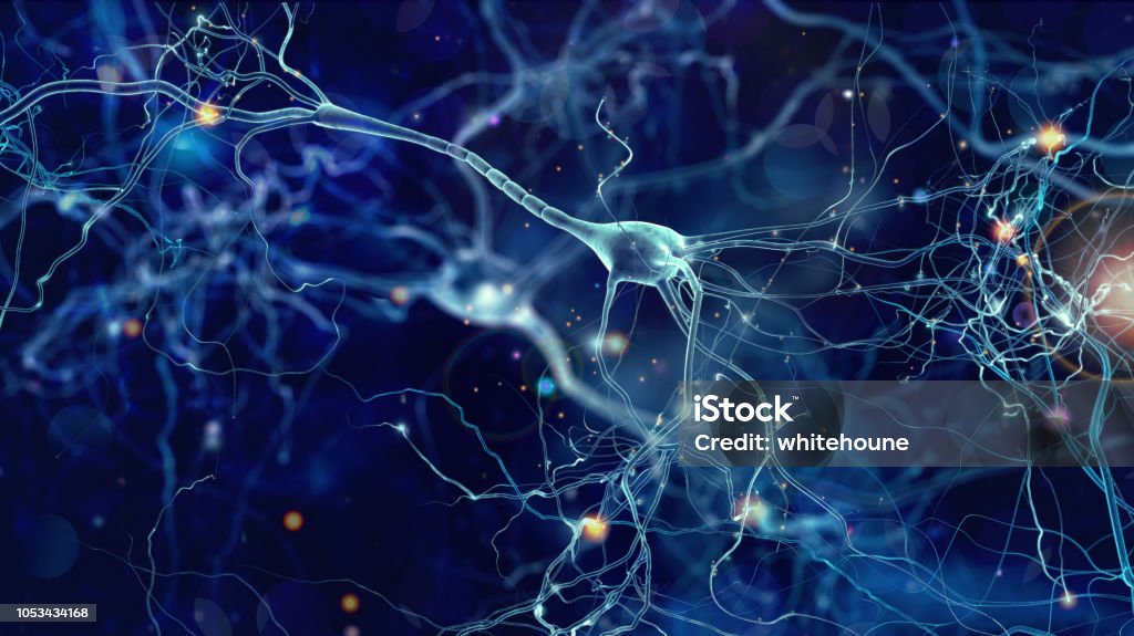 Neurons cells concept Conceptual illustration of neuron cells with glowing link knots in abstract dark space, high resolution 3D illustration Nerve Cell Stock Photo