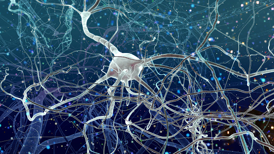 Realistic 3D render of super macro close-up view of neurones inside of human brain