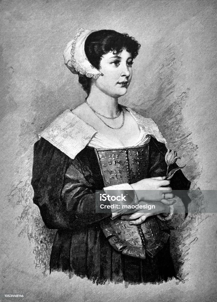 Portrait of a woman in a traditional outfit - 1888 19th Century stock illustration
