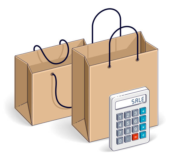 Shopping bags with calculator, big sale, sellout, retail, Black Friday discount, eco paper bag isolated on white background. Vector 3d isometric illustration, thin line design. Shopping bags with calculator, big sale, sellout, retail, Black Friday discount, eco paper bag isolated on white background. Vector 3d isometric illustration, thin line design. off balance stock illustrations