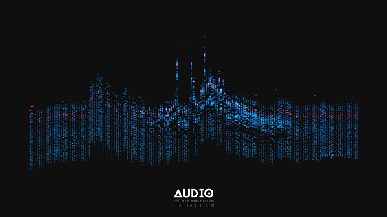 Vector 3d echo audio wavefrom spectrum. Abstract music waves oscillation graph. Futuristic sound wave visualization. Glowing oscillation pattern. Synthetic music technology sample