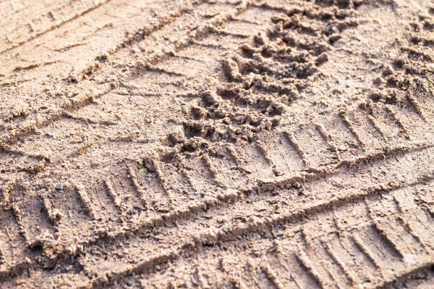istock motorcycle tire track print on sand with selective focus 1053462488