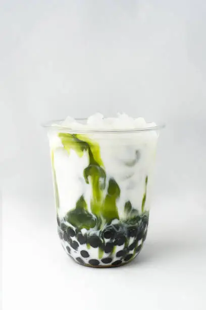 Lava matcha (greentea) boba (bubble) milk (matcha latte) isolated.