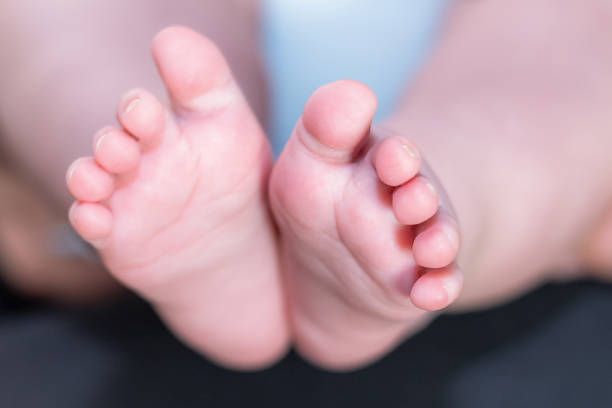 Newborn baby feet. Horizontal. Space for text. Background out of focus. Close up shot of a 1 month old baby
