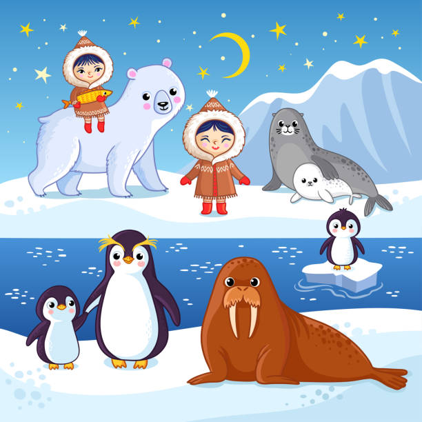 Northern animals on ice. Cute vector illustration. Northern animals on ice. Cute vector illustration with arctic animals. chukchi stock illustrations