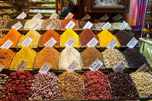 spice and herbal tea piles in spice bazaar in istanbul