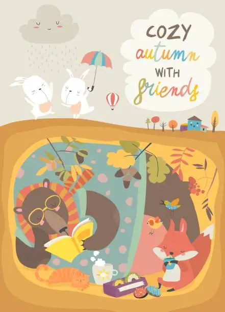 Vector illustration of Cute animals reading book in den. Hello autumn