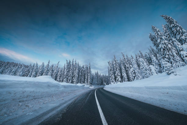 istock Winter Road In Snowcapped Landscape 1053475394