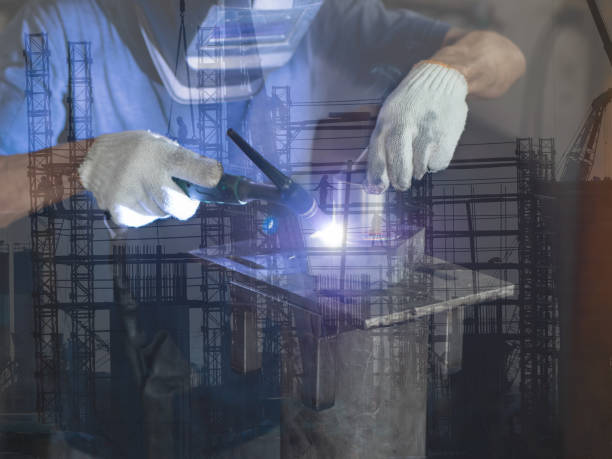 men's hands with argon welding machine.  repair pipe stainless argon welding industrial on construction background - double exposure imagens e fotografias de stock
