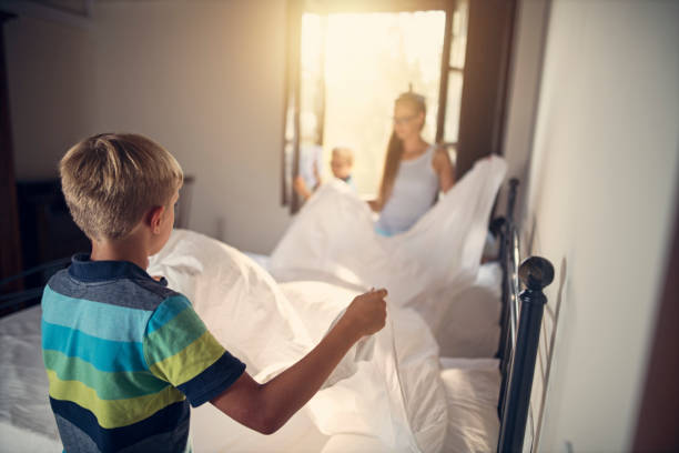 Children cleaning their room