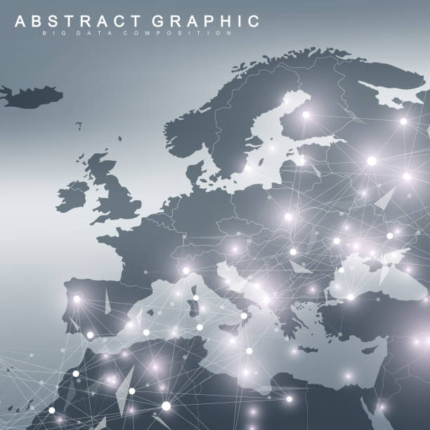 геометрическая графическая фоновая связь с картой европы. комплекс больших данных с соединениями. перспективный фон. минимальный массив. в - 5898 stock illustrations