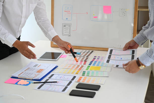 istock Web designer teamwork concept UX UI designer planning layout application for mobile phone mockup on white board 1053484794
