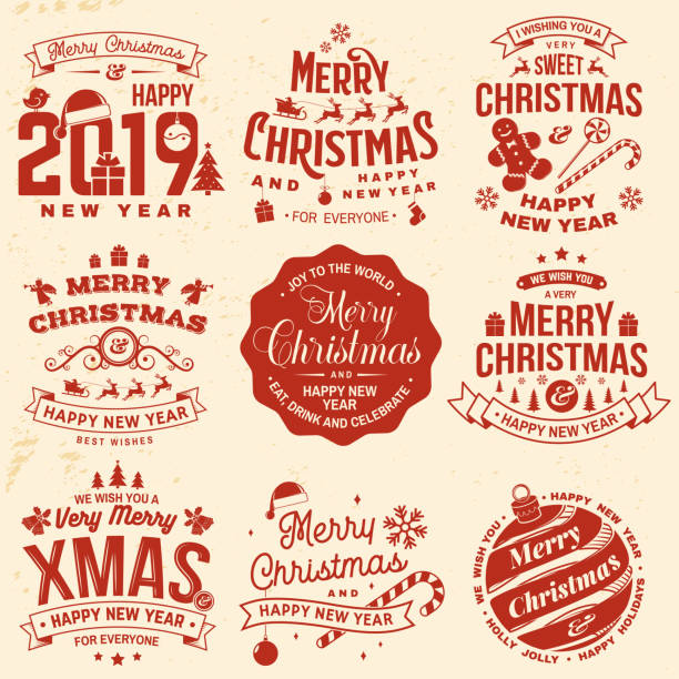 ilustrações de stock, clip art, desenhos animados e ícones de set of merry christmas and happy new year stamp, sticker set with snowflakes, hanging christmas ball, santa hat, candy. - santa claus food