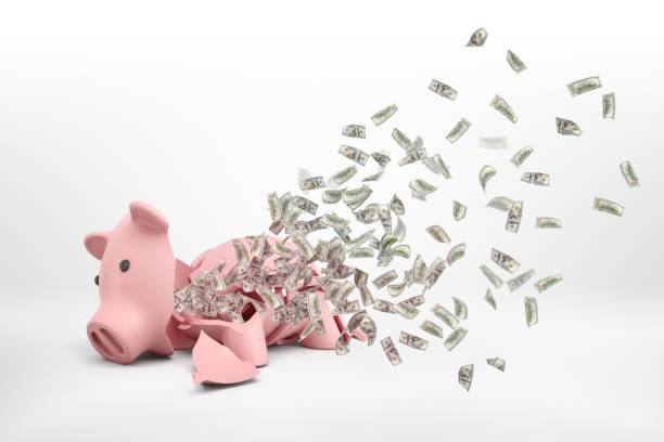 3d rendering of a pink broken piggy bank lying on a white background with many dollar banknotes flying out of it. 3d rendering of a pink broken piggy bank lying on a white background with many dollar banknotes flying out of it. Loss of savings. No more funds. Bankruptcy and crisis. loss stock pictures, royalty-free photos & images