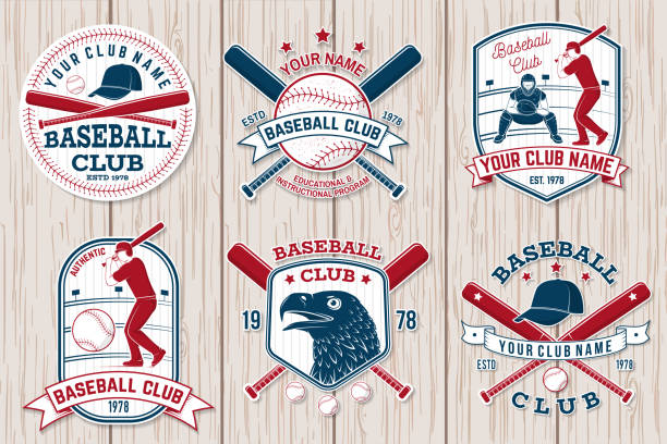 Set of baseball or softball club badge. Vector illustration. Concept for shirt or , Set of baseball or softball club badge. Vector. Concept for shirt or , print, stamp or tee. Vintage typography design with baseball bats, batter hitting ball and ball for baseball silhouette. old baseball stock illustrations