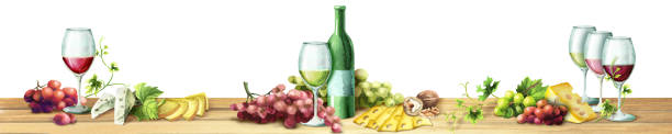 panoramiczny obraz wina i winogron na białym tle. może być stosowany do kuchni skinali. akwarela - cheese wine white background grape stock illustrations