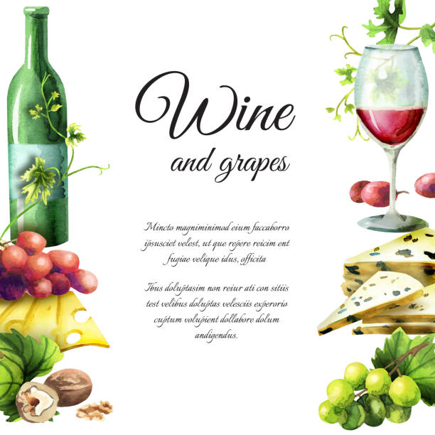 illustrations, cliparts, dessins animés et icônes de vin, les raisins et les collations. modèle de l’aquarelle - wineglass illustration and painting isolated on white clipping path