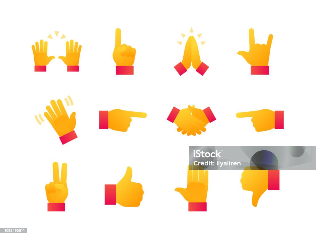 Hand signs - modern flat design style icons set Hand signs - modern flat design style icons set. High quality chat elements on white background. Rock and roll, like, dislike, open, pointing, handshake, snap, peace, clap, hello, raised hands, wave Emoticon stock vector