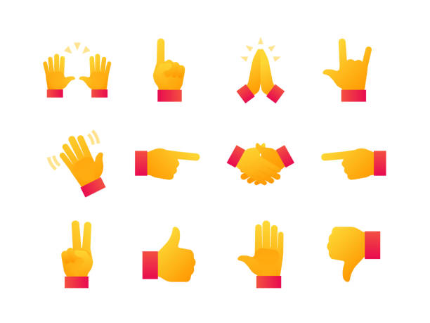 Hand signs - modern flat design style icons set Hand signs - modern flat design style icons set. High quality chat elements on white background. Rock and roll, like, dislike, open, pointing, handshake, snap, peace, clap, hello, raised hands, wave talk to the hand emoticon stock illustrations