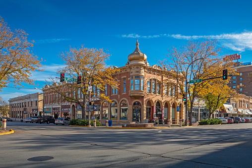 Rapid City, South Dakota, USA - October 06, 2018:  Street scene of downtown Rapid City with buildings and businesses