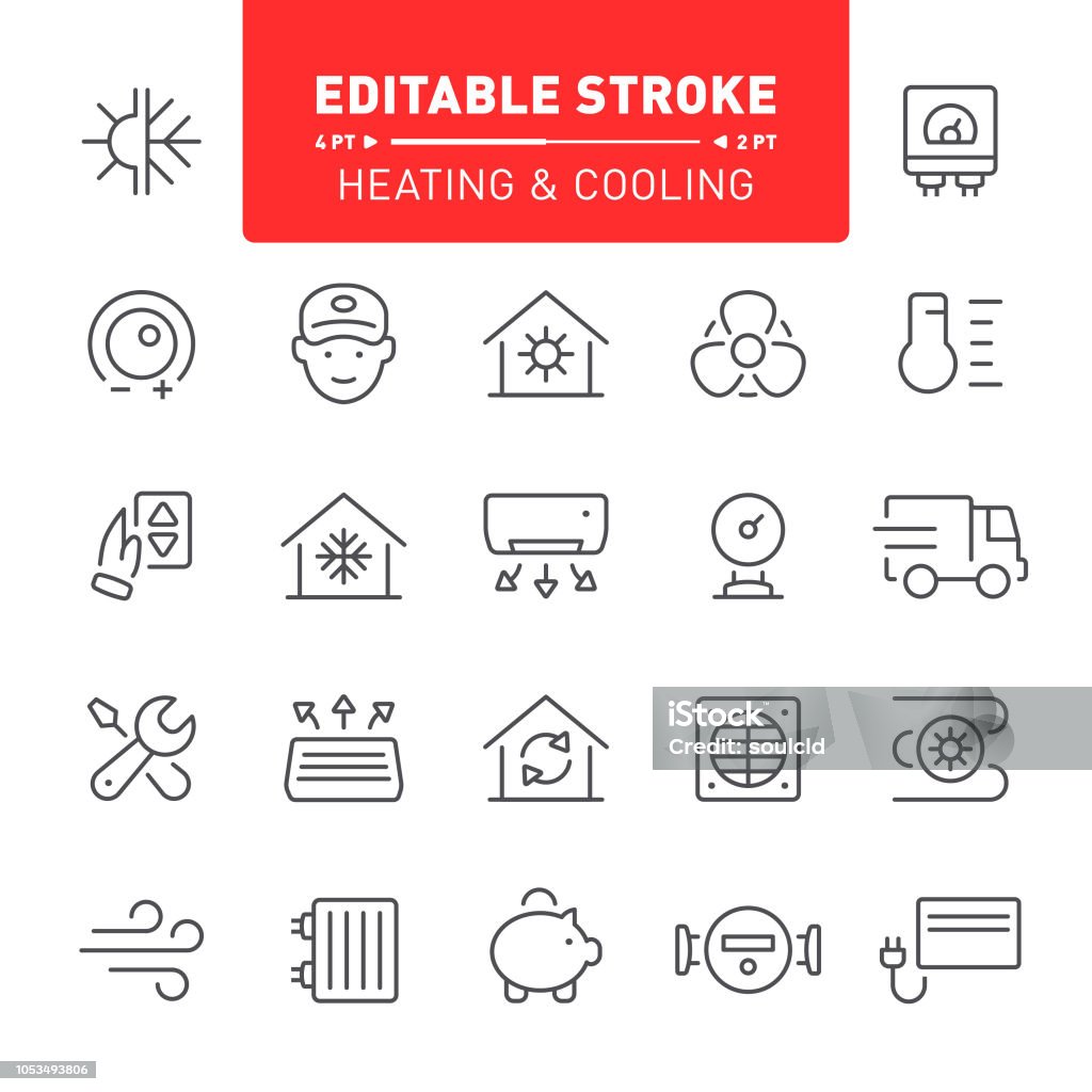 Heating and Cooling Icons Air conditioner, heating system, editable stroke, outline, icon, icon set, heating, cooling, home automation Icon Symbol stock vector