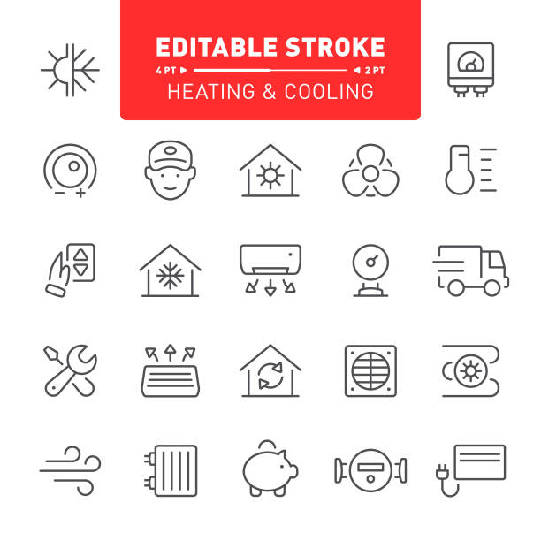 Heating and Cooling Icons Air conditioner, heating system, editable stroke, outline, icon, icon set, heating, cooling, home automation electric heater stock illustrations