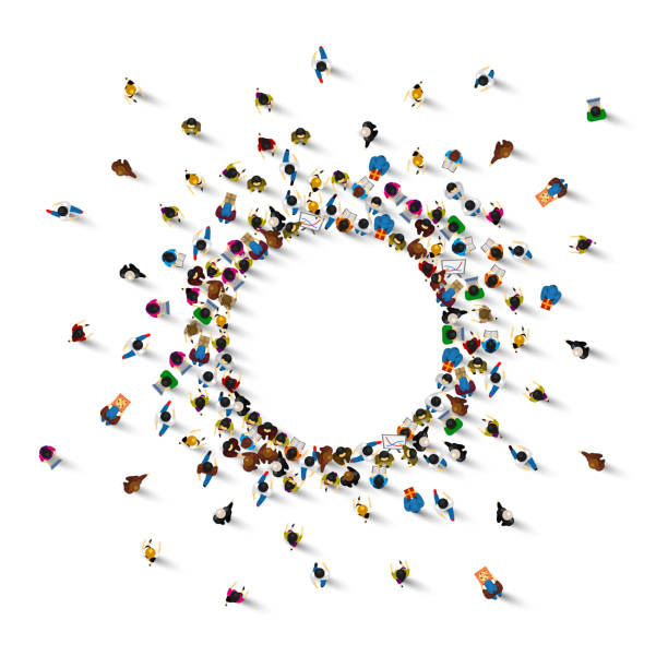 ilustraciones, imágenes clip art, dibujos animados e iconos de stock de muchas personas están paradas en un círculo sobre un fondo blanco. ilustración de vector - top