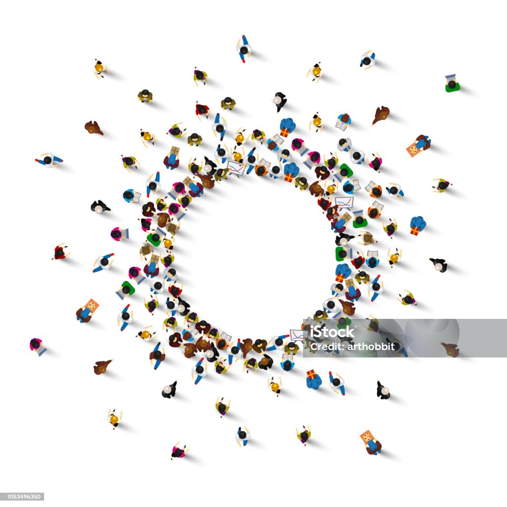 Molte persone stanno in cerchio su uno sfondo bianco. Illustrazione vettoriale - arte vettoriale royalty-free di Persone