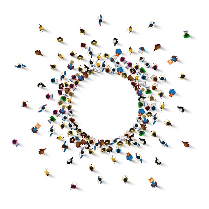 A lot of people stand in a circle on a white background. Vector illustration