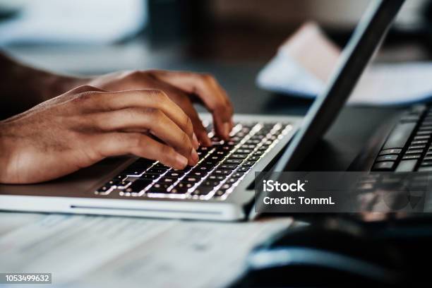 Close Up Of Man Typing On Laptop Stock Photo - Download Image Now - Writing - Activity, Laptop, Typing