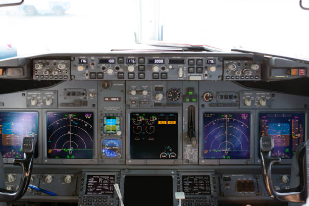 Inside view of a Boeing 737-800 aircraft cockpit stock photo