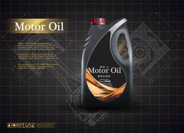 Vector illustration of Bottle engine oil on a background a motor-car piston, Technical illustrations. Realistic 3D vector image. canister ads template with brand logo Blueprints.
