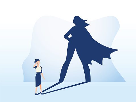 Businesswoman with superhero shadow. Business symbol of emancipation ambition, success and motivation of leadership, courage and challenge. Eps10 vector illustration. Feminism and equal rights