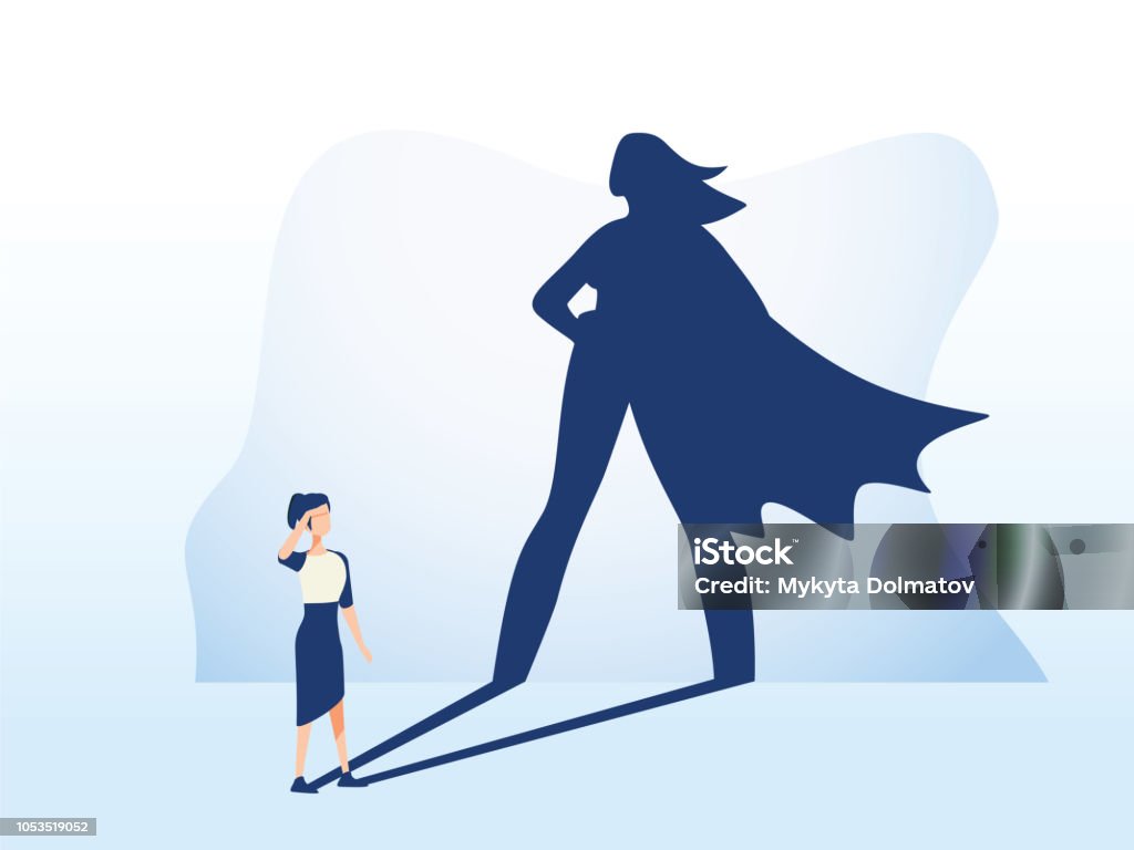 Businesswoman with superhero shadow vector concept. Business symbol of emancipation ambition, success and motivation of leadership Businesswoman with superhero shadow. Business symbol of emancipation ambition, success and motivation of leadership, courage and challenge. Eps10 vector illustration. Feminism and equal rights Women stock vector