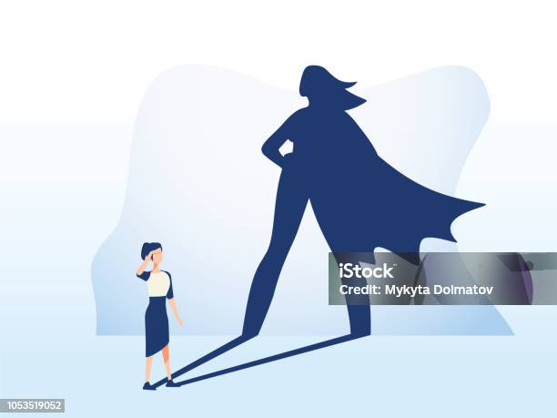 Businesswoman With Superhero Shadow Vector Concept Business Symbol Of Emancipation Ambition Success And Motivation Of Leadership Stock Illustration - Download Image Now
