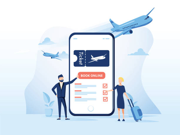 ilustrações, clipart, desenhos animados e ícones de modelo de ilustração do conceito de reserve seu voo. conceito moderno design plano para página web design - airplane ticket ticket airplane internet