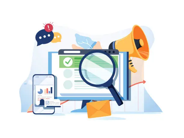 Vector illustration of Search result optimization SEO marketing analytics flat vector banner with icons. SEO performance, targeting and monitoring