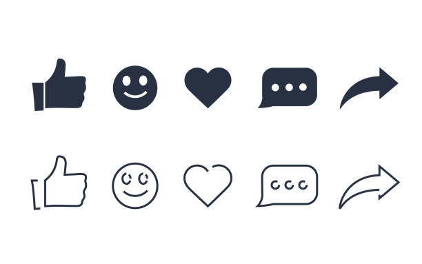 Thumbs up and with repost and comment icons on a white background. Social media icon, empathetic emoji reactions Thumbs up and with repost and comment icons on a white background. Social media icon, empathetic emoji reactions icon set. Network line and solid icons for active web signs heart, share and comment like comment share icon stock illustrations