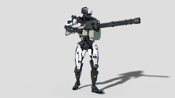 istock Police robot, law enforcement cyborg, android cop shooting machine gun on white background, 3D render 1053519360