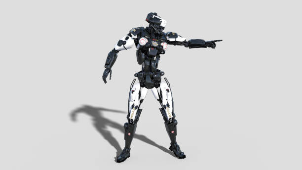 istock Police robot, law enforcement cyborg pointing, android cop isolated on white background, 3D render 1053519412