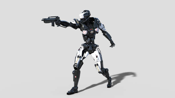 istock Police robot, law enforcement cyborg, android cop aiming and shooting gun on white background, 3D render 1053519452
