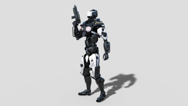 istock Police robot, law enforcement cyborg, android cop armed with gun isolated on white background, 3D render 1053519468