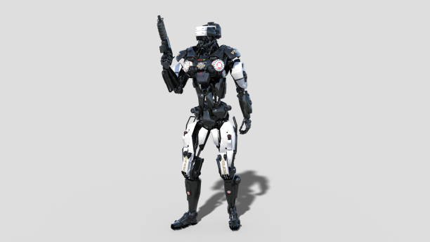 istock Police robot, law enforcement cyborg, android cop holding gun isolated on white background, 3D rendering 1053519490